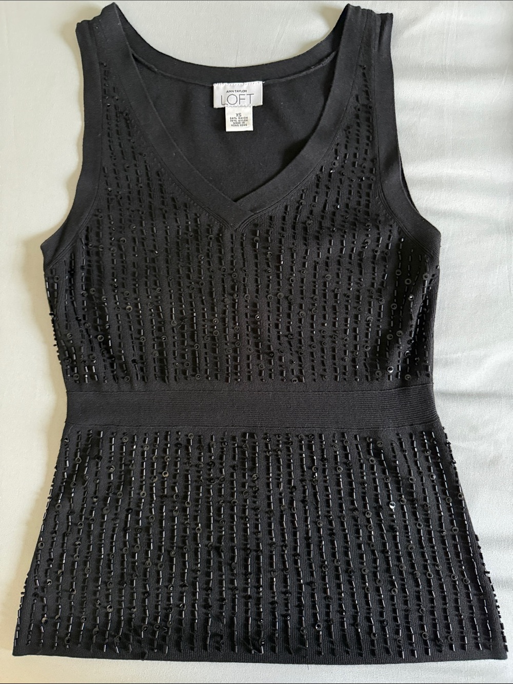LOFT Black Beaded V-Neck Sleeveless Tank